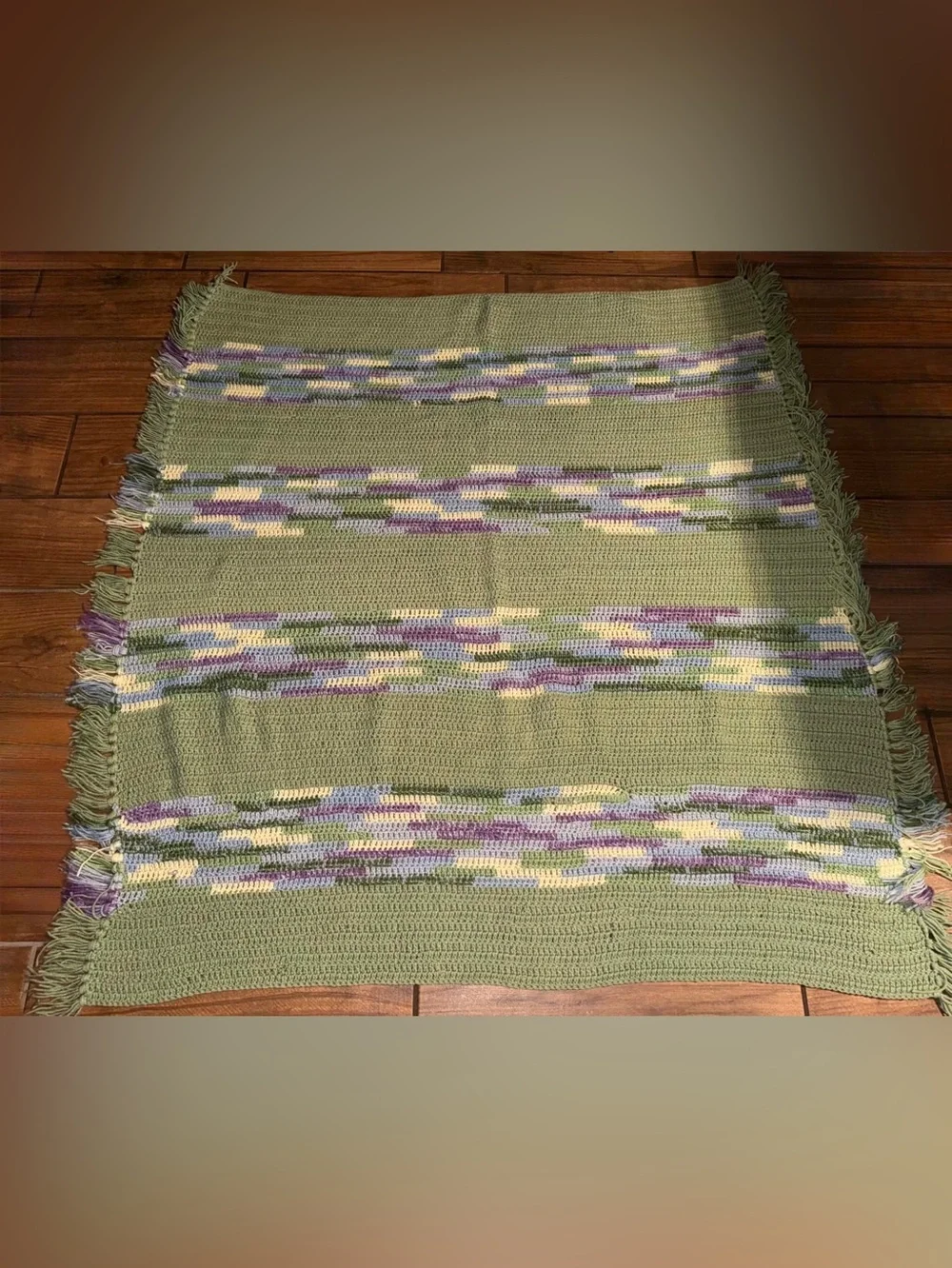 Handwoven Green Textured Throw with Purple & Cream Stripes
